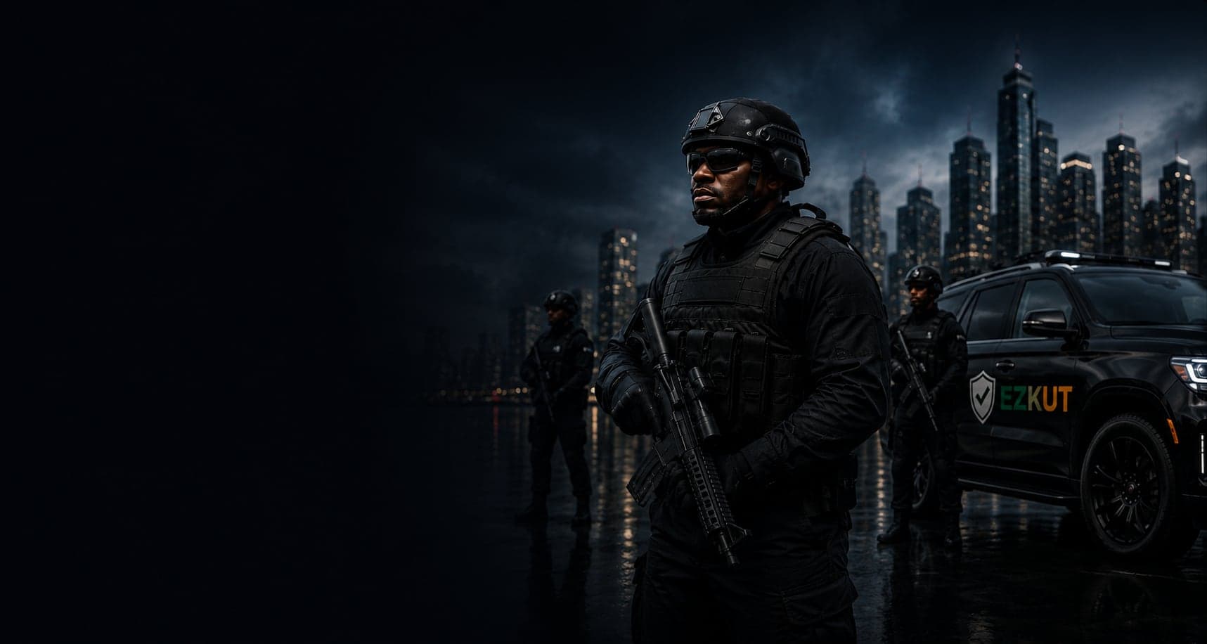EZKUT armed close-protection officers with a patrol vehicle against a city skyline at night